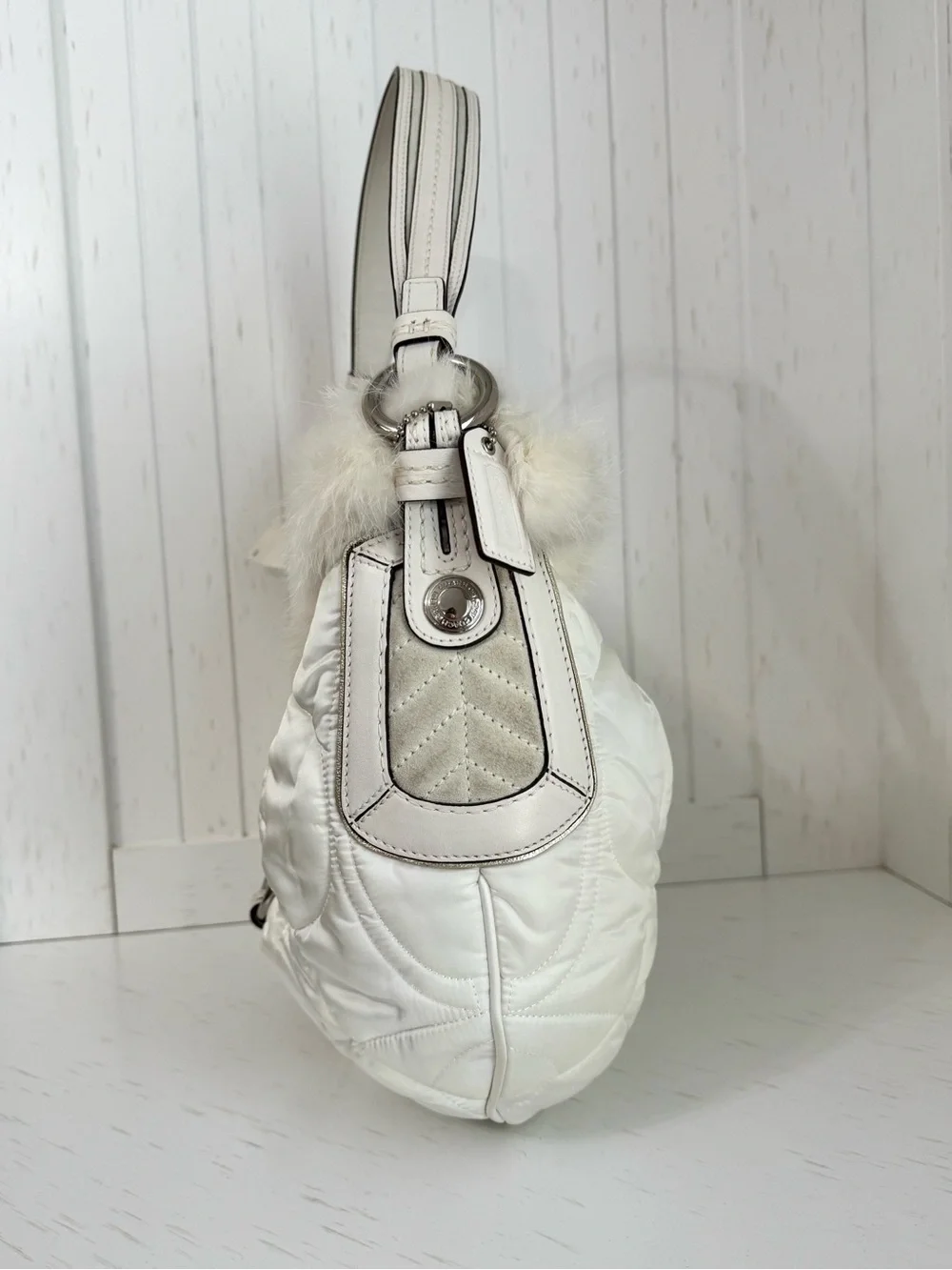 NWT, Y2K, Coach, Vintage, SoHo Ski, Cream Satin, Fur-Trim, Shoulder Bag